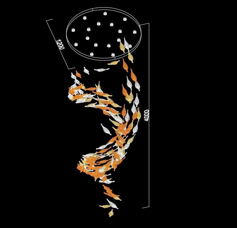 Đèn thông tầng dimmer lá lông vũ cao cấp PL045 gồm mâm inox tròn gương trắng, 17 đèn dimmer D40, 150 lá lông vũ trắng lẫn và lá hổ phách, KT(mm): D1200 x H4000